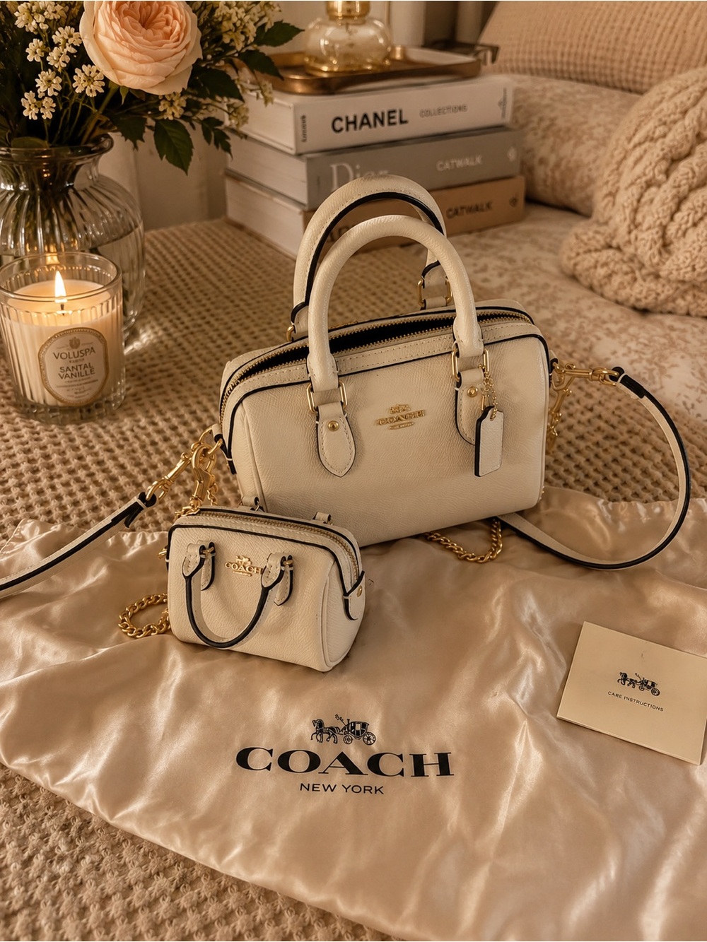 Coach Cream Pebbled Leather Mini Satchel with Gold Chain